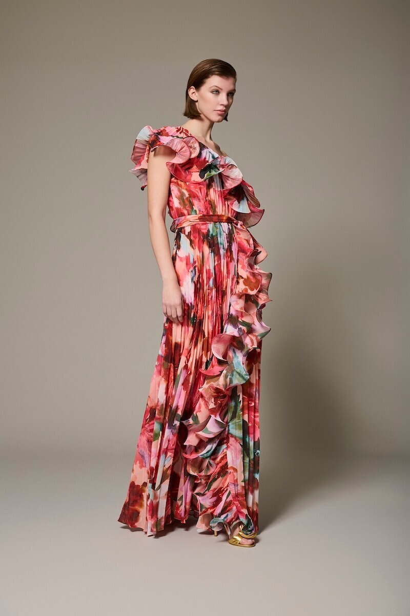 Floral One-Shoulder Ruffle Gown