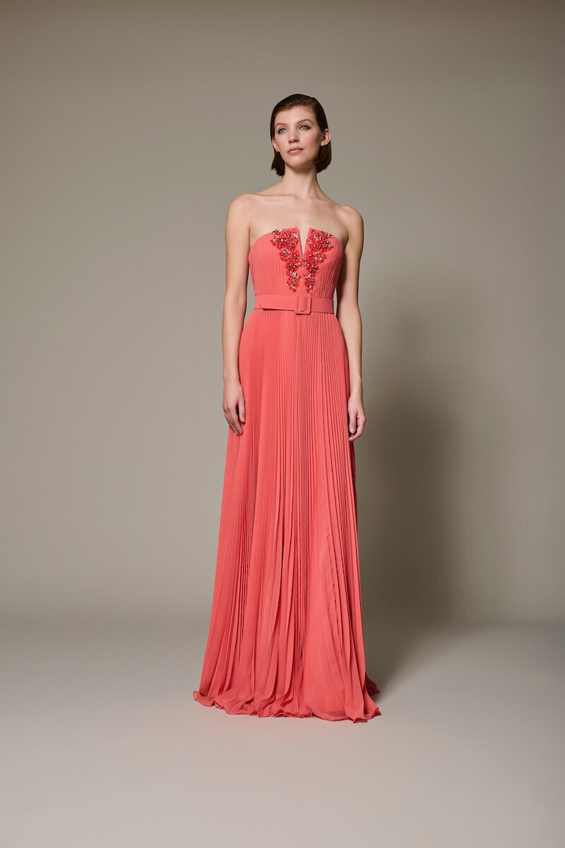 Strapless Coral Pleated Gown with Beaded Bodice