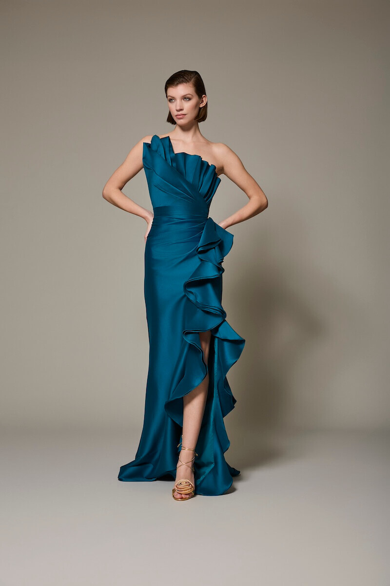 Cascade Ruffle One-Shoulder Mikado Gown