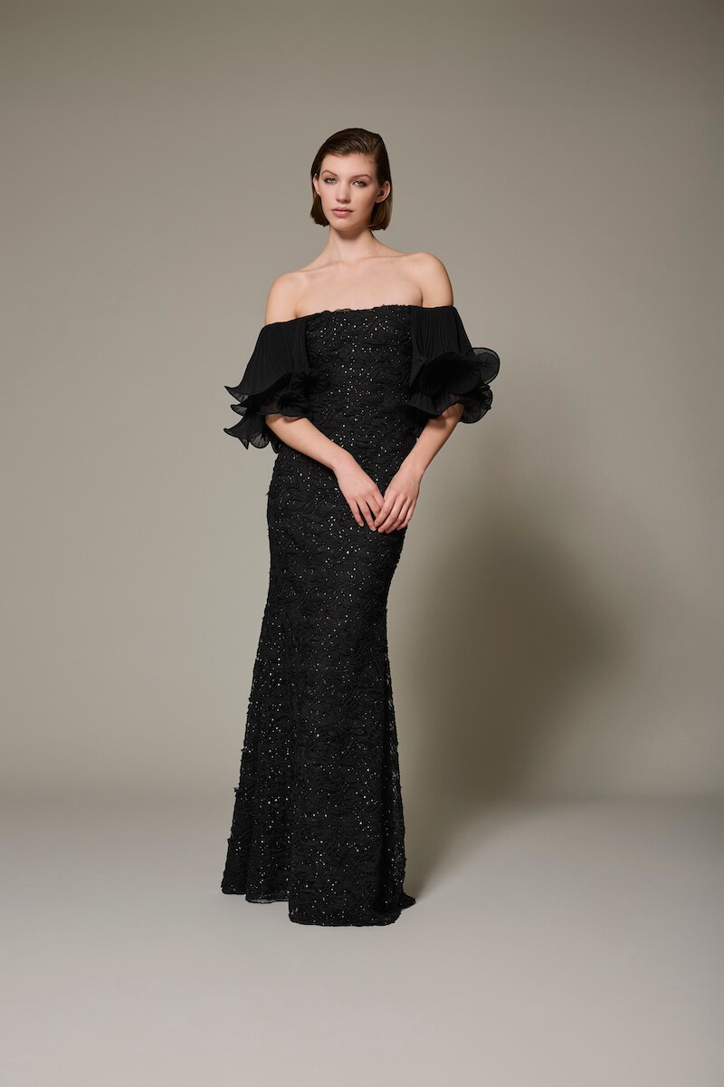 Off-Shoulder Embellished Gown with Pleated Ruffle Sleeves