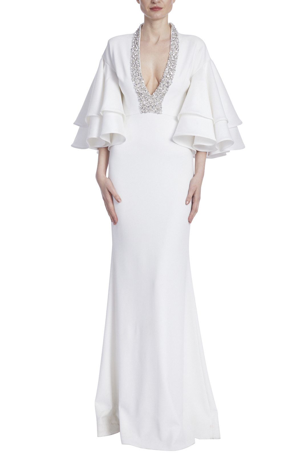 Fierce Teared Sleeve Gown with Plunging Neckline by Badgley Mischka