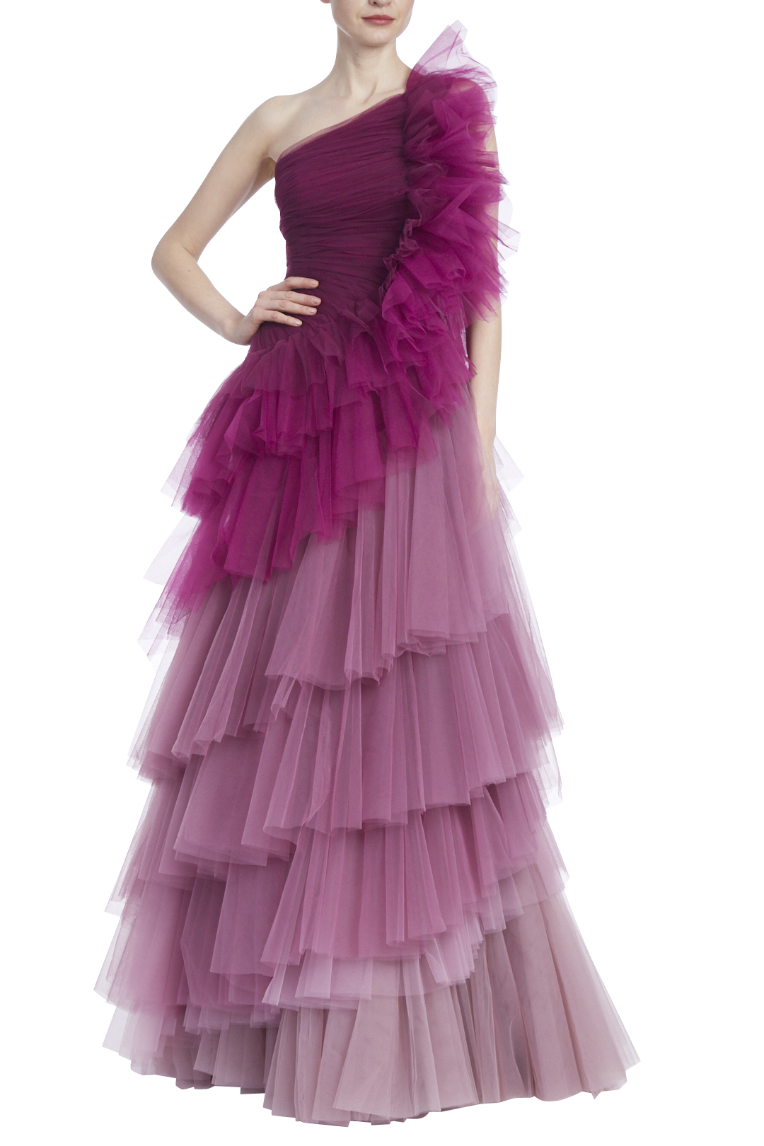 One-Shoulder Ombre Tulle Tiered Gown by Badgley Mischka