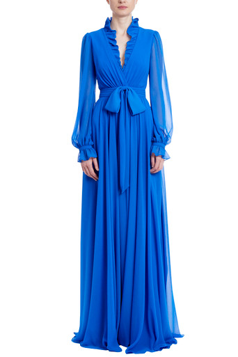 Ruffled V-Neck Gown with Sash Belt by Badgley Mishcka