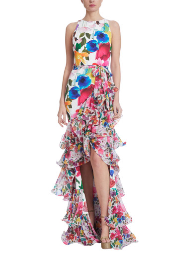 Sleeveless Floral Silk Maxi Gown with Ruffled Slit by Badgley Mischka