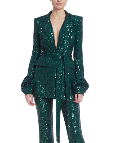 badgley mischka sequin tie waist blazer
