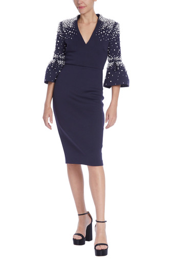 Pearl-Embellished Sheath Dress with Flounce Sleeves