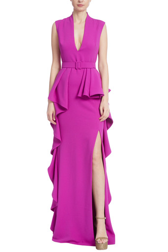 Ruffled Half-Peplum Gown with Slit by Badgley Mischka