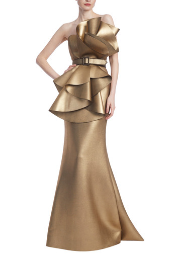 Metallic Sculptured Ruffle Mermaid Gown by Badgley Mischka