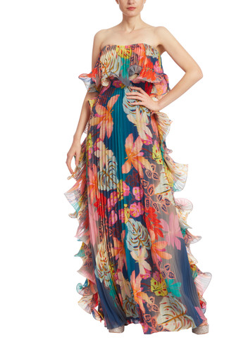 Strapless Ruffled Print Maxi Gown by Badgley Mischka