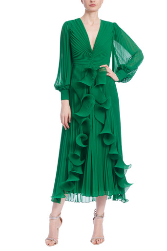 Pleated Octopus Ruffle Longsleeve Dress by Badgley Mischka