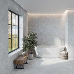 Modern bathroom featuring Lithos Grey Stone-effect tiles on walls and floors with natural light flooding through a black-framed window. Modern bathroom featuring Lithos Grey Stone-effect tiles on walls and floors with natural light flooding through a black-framed window.