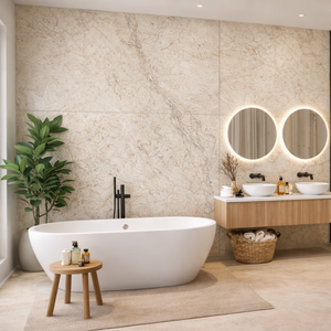 Castro Brown marble effect matt porcelain tile 60x120cm with subtle carved veining texture in a luxury modern interior of bathrom.