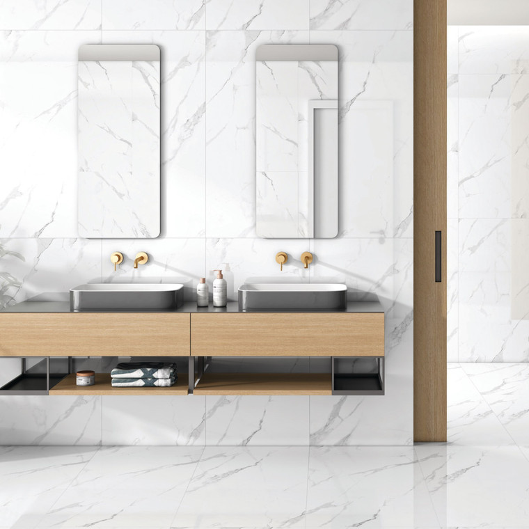 Celestial Veins glossy marble effect porcelain tile 60x120cm featuring white tones with elegant grey veining in a modern luxury bathroom.