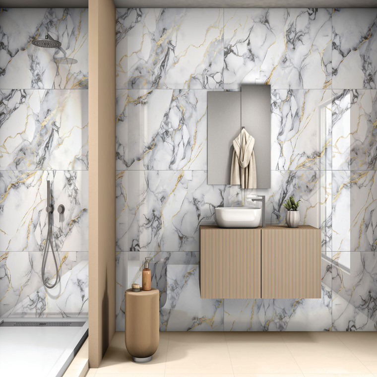 Marble Waves glossy marble effect porcelain tile 60x120cm with flowing grey and gold veining in a modern luxury bathroom.