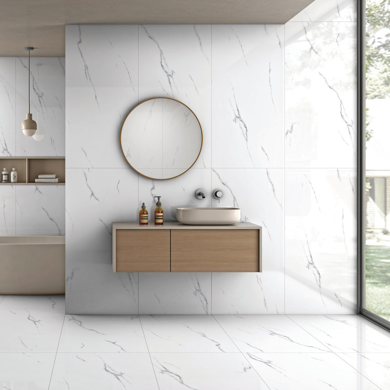 Swizz White marble effect glossy porcelain tile 60x120cm with white background and grey veining in a modern luxury bathroom.