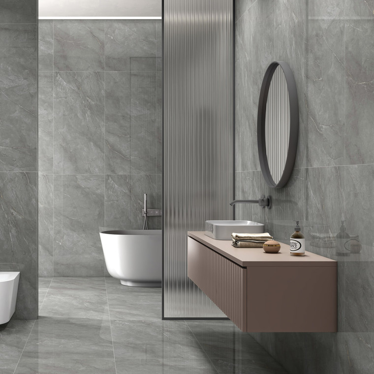 Turkish Shadow Grey glossy stone effect porcelain tile 60x120cm in a modern luxury bathroom with deep grey tones.