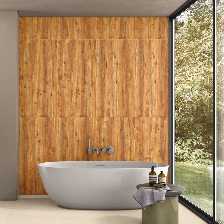 Walnut Brown wood effect matt porcelain tile 60x120cm with natural timber grain in a modern bathroom interior.