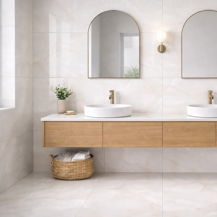 Misty White Onyx Gloss Porcelain Tile 60x120cm white onyx marble effect tile with subtle beige veining luxury floor tile in a modern bathroom interior