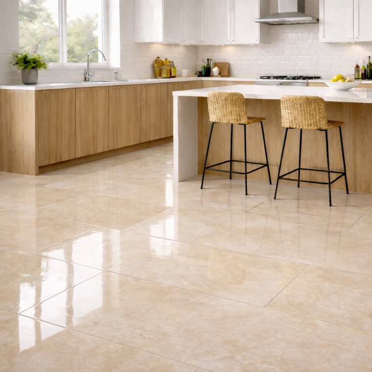 Terra Beige Stone Effect Gloss Porcelain Tile 60x120cm warm beige limestone effect tile large format floor tile in a modern kitchen floor