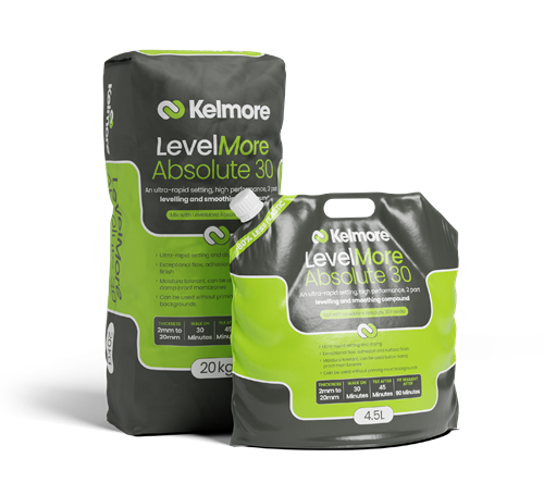 Kelmore LevelMore Absolute 30 self-leveling compound creates perfectly smooth surfaces for tile installation. Fast-setting formula with excellent flow properties.