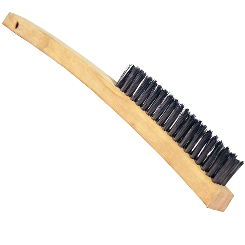 14 IN CURVED WOOD HANDLE WITH SCRAPER BLADE WIRE SCRATCH BRUSH, 3 X 19 ROWS, CARBON STEEL 14 IN CURVED WOOD HANDLE WITH SCRAPER BLADE WIRE SCRATCH BRUSH, 3 X 19 ROWS, CARBON STEEL