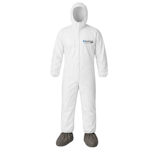 SHIELDTECH PRO X-LARGE MICROPOROUS COVERALL W/ HOOD BOOTS & ELASTIC WRIST WHITE TYPE 5&6  25/CS