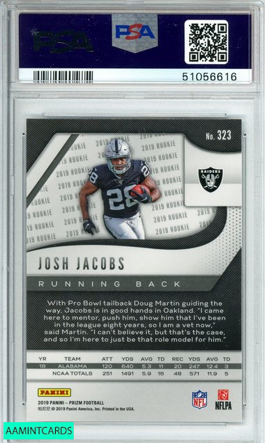2019 PANINI PRIZM JOSH JACOBS #323 OAKLAND RAIDERS ROOKIE RC PSA 9