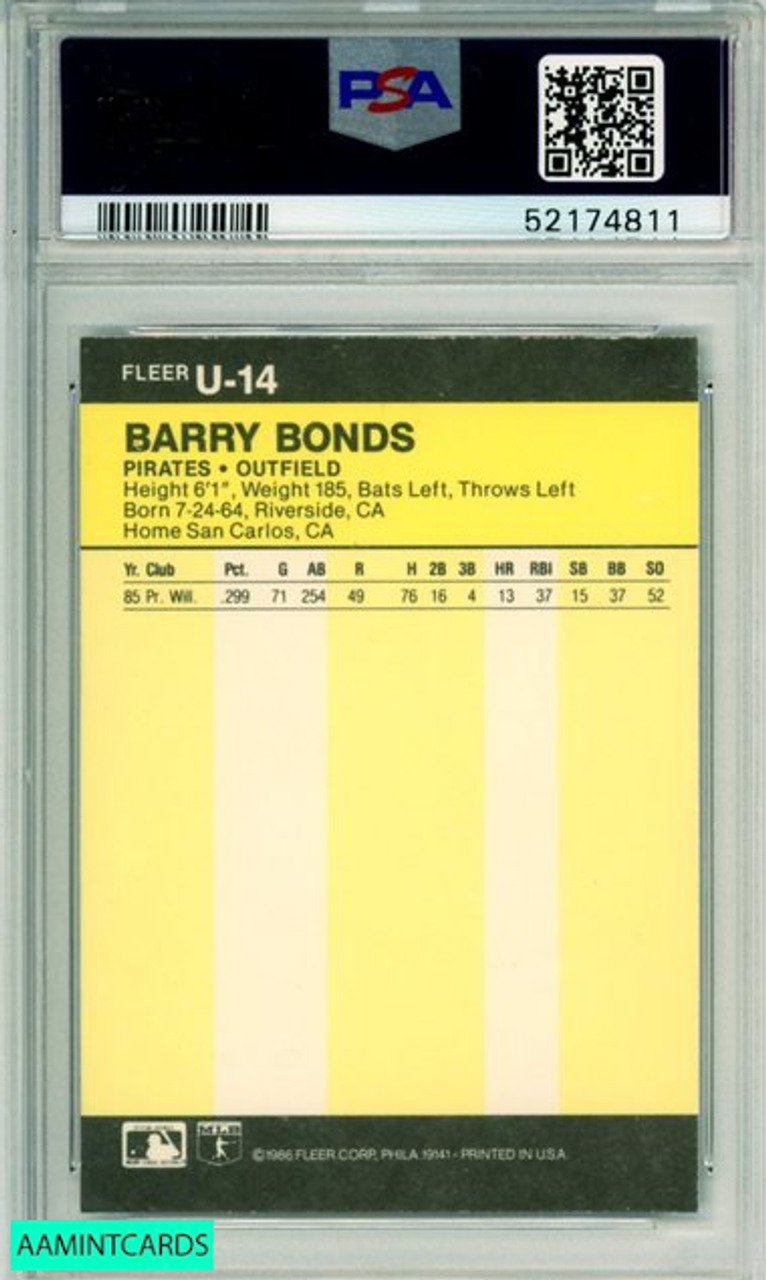 Barry Bonds (Pittsburgh Pirates) 1986 Topps Traded Baseball #11T RC Rookie  Card – PSA 10 GEM MINT (New Label) – Schwartz Sports Memorabilia