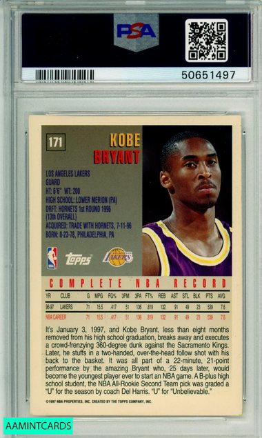 1997 TOPPS KOBE BRYANT #171 HOF LOS ANGELES LAKERS PSA NM