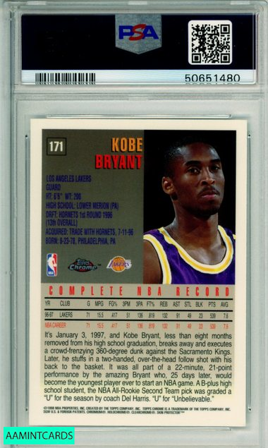 1997 TOPPS CHROME KOBE BRYANT #171 HOF LOS ANGELES LAKERS PSA NM