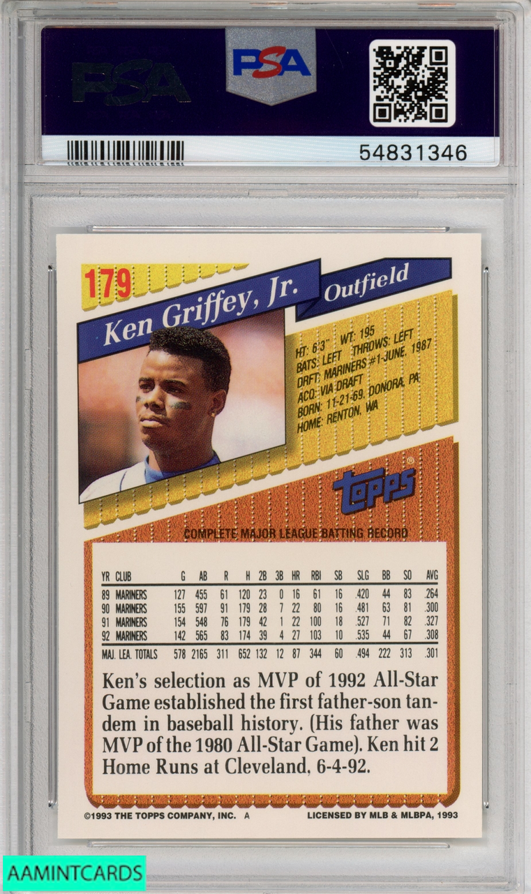 1993 TOPPS KEN GRIFFEY JR SEATTLE MARINERS HOF #179 PSA 9 MINT
