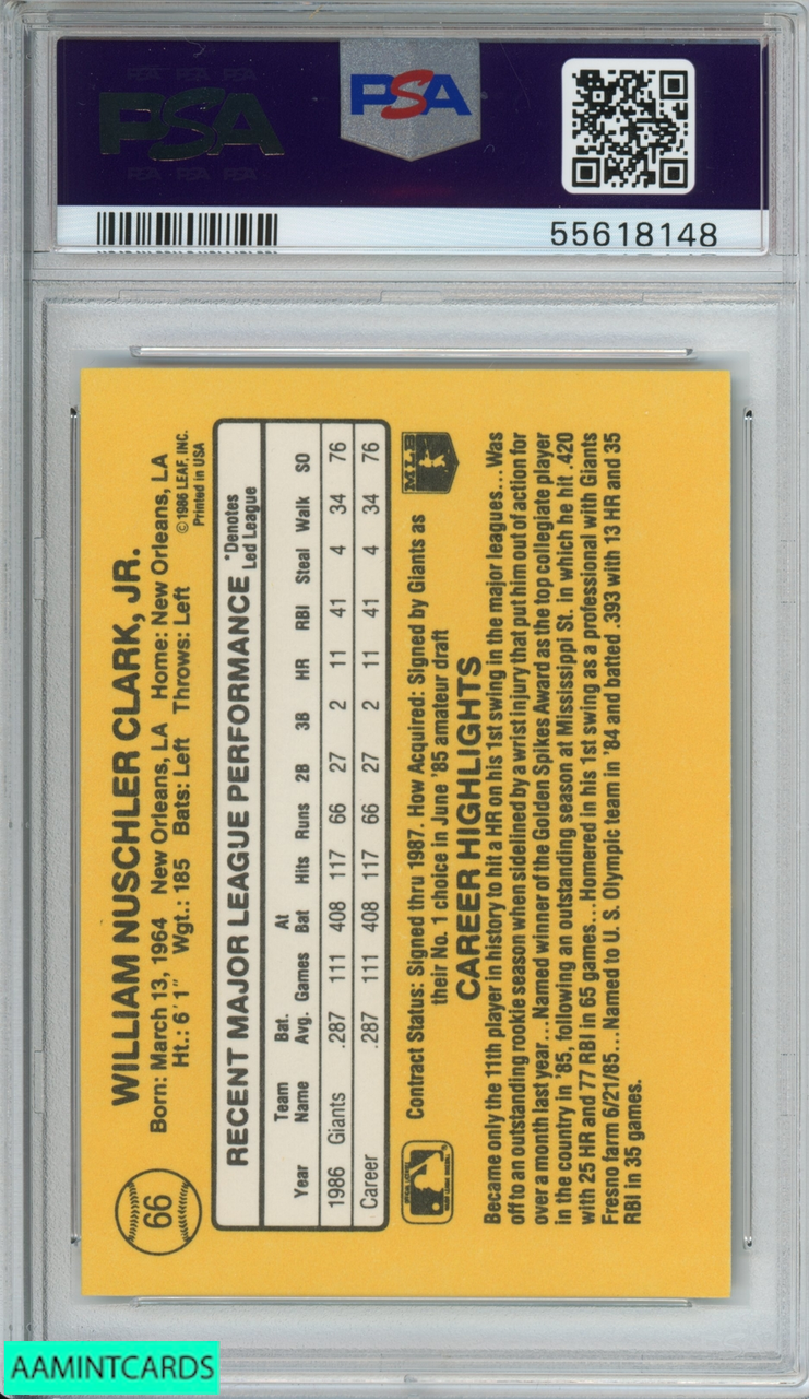 1987 Leaf Will Clark Baseball Card #66, San Francisco Giants, good