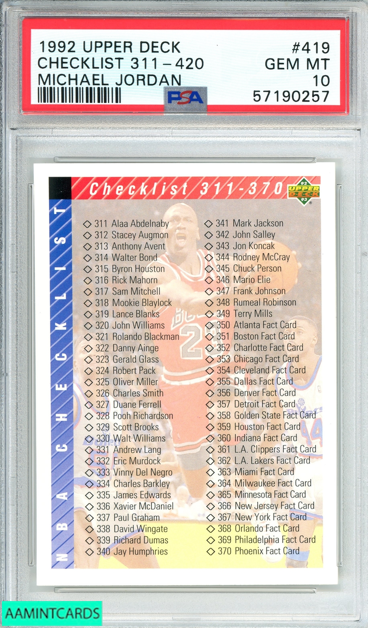 1992 UPPER DECK CHECKLIST 311-420 #419 MICHAEL JORDAN PSA 10 GEM