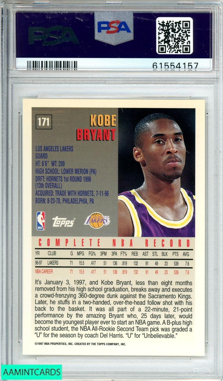 1997 TOPPS KOBE BRYANT #171 LOS ANGELES LAKERS MAMBA 2ND YEAR PSA