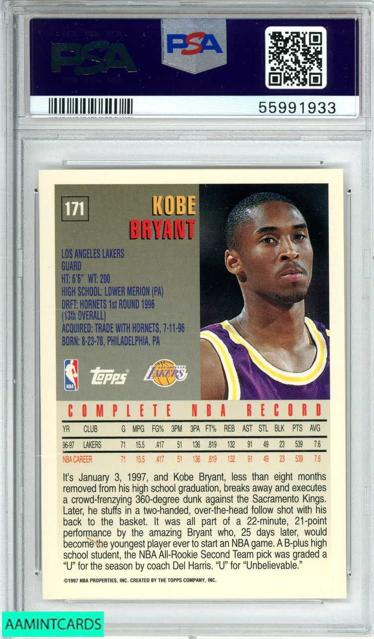 1997 TOPPS KOBE BRYANT #171 LOS ANGELES LAKERS 2ND YEAR MAMBA PSA