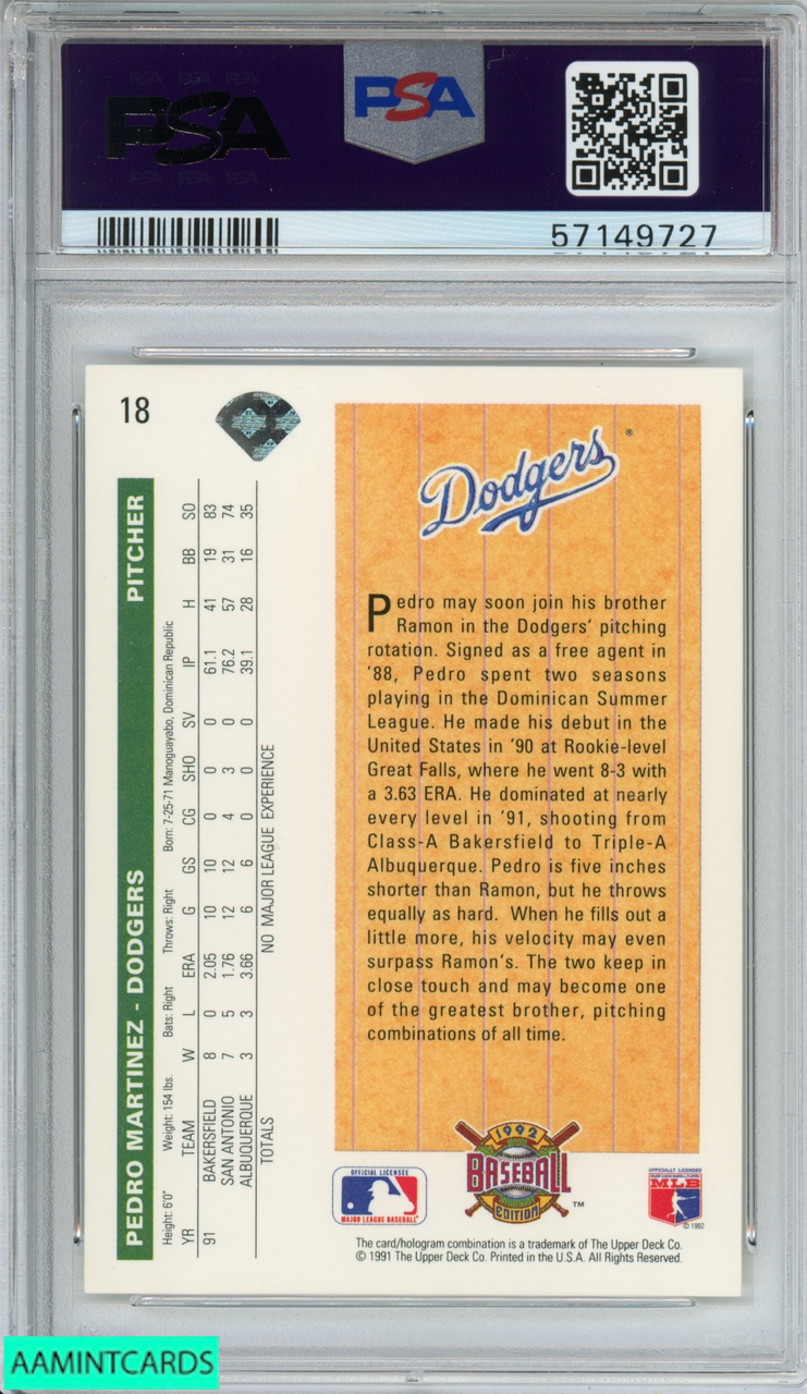 1992 UPPER DECK PEDRO MARTINEZ #18 STAR ROOKIE RC LOS ANGELES DODGERS PSA 9  MINT 57149727 - AA Mint Cards