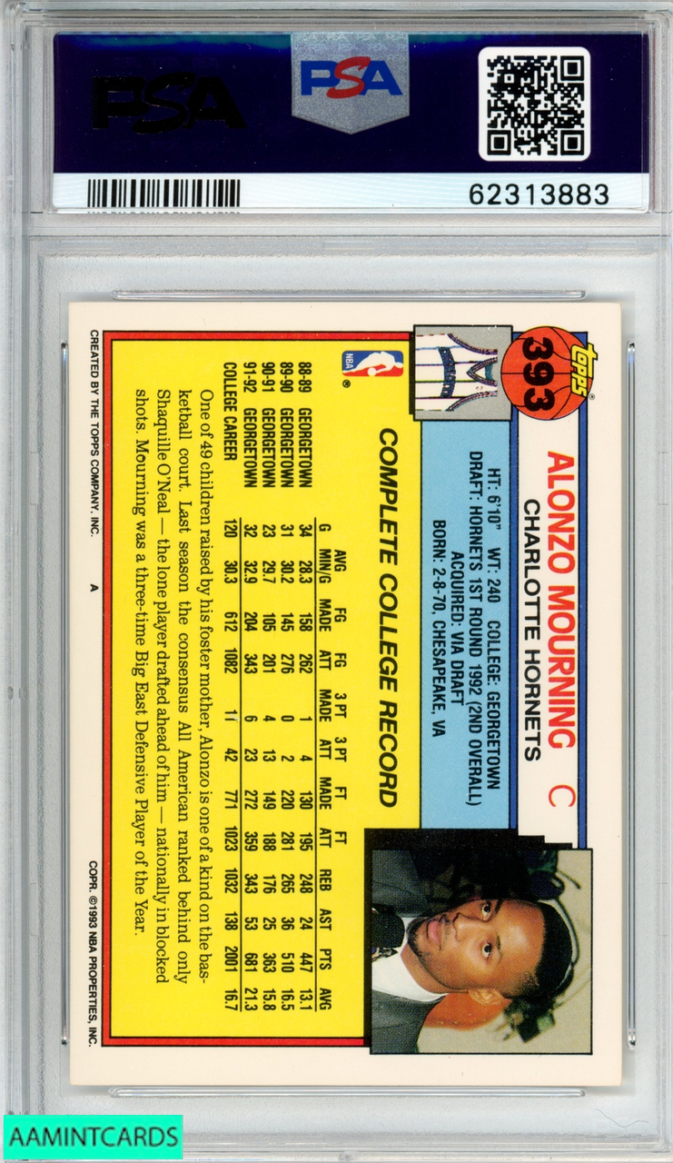 1992 TOPPS ALONZO MOURNING #393 ROOKIE RC CHARLOTTE HORNETS HOF