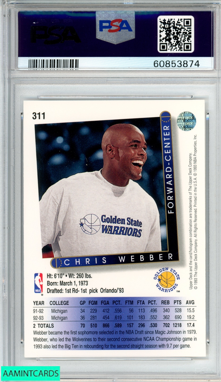 1993 UPPER DECK CHRIS WEBBER #311 ROOKIE RC GOLDEN STATE WARRIORS