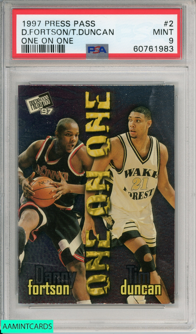 1997 PRESS PASS DANNY FORTSON TIM DUNCAN #2 ONE ON ONE SPURS ROOKIE RC HOF PSA 9 60761983