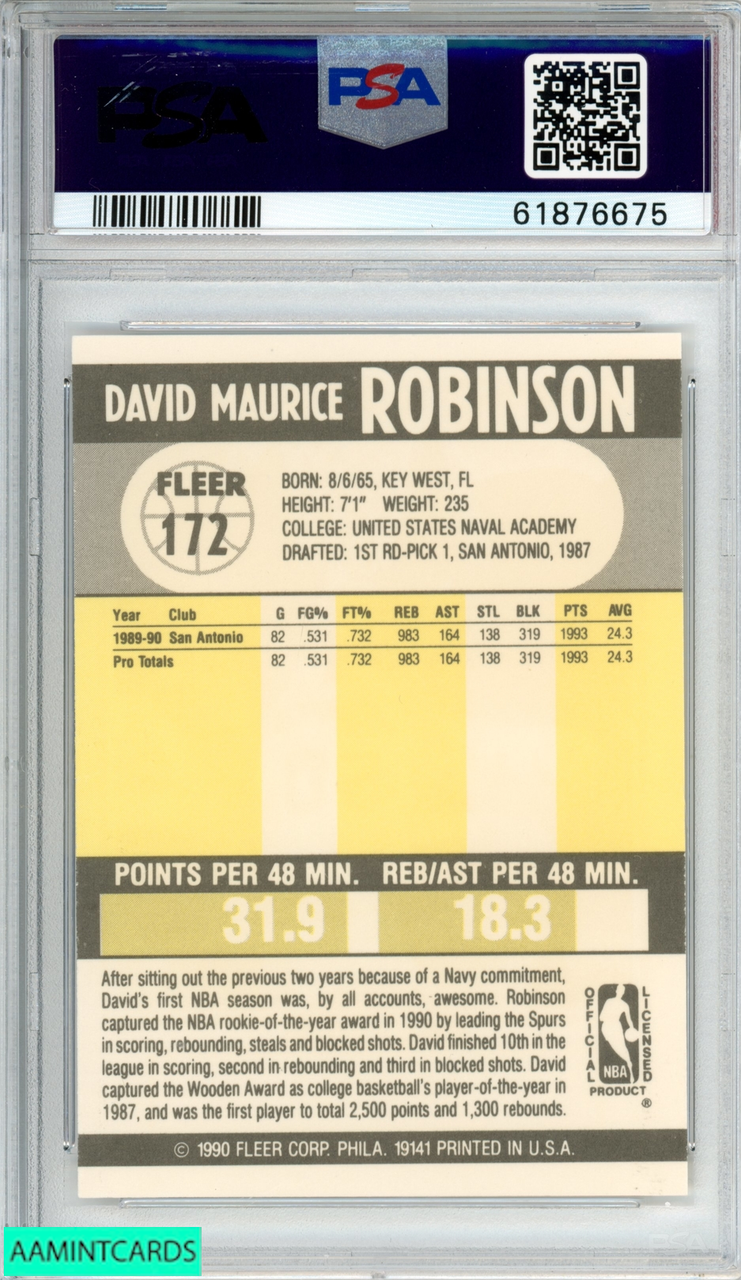 1990 FLEER DAVID ROBINSON #172 SAN ANTONIO SPURS HOF PSA 9 MINT