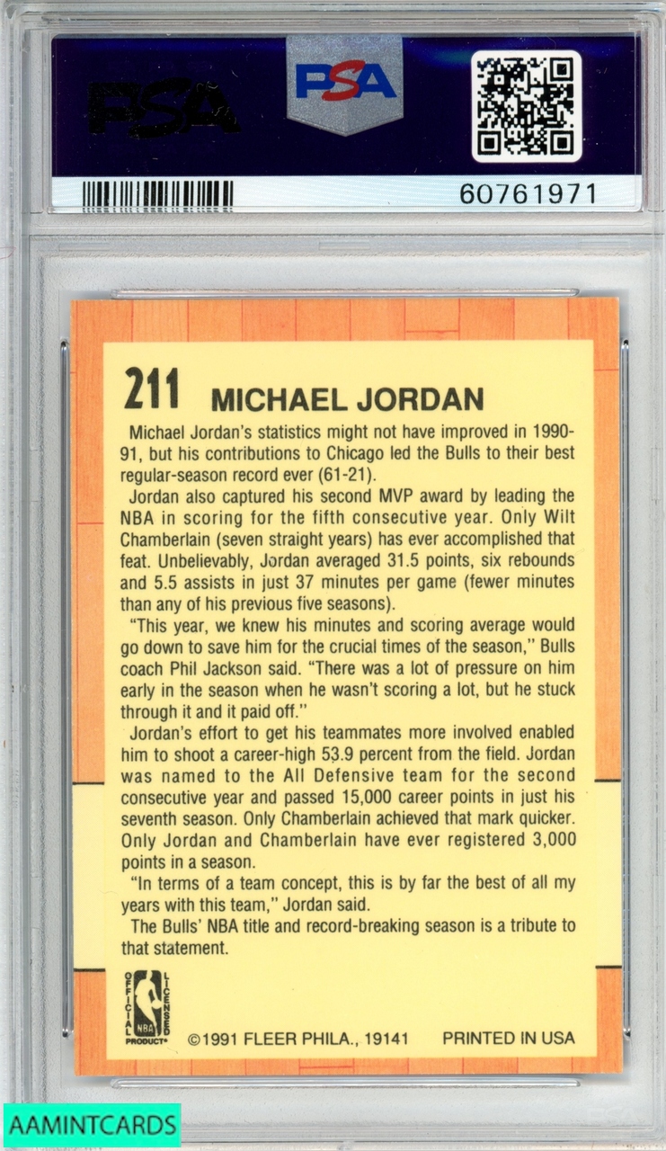 1991 FLEER MICHAEL JORDAN #211 CHICAGO BULLS HOF PSA 9 MINT