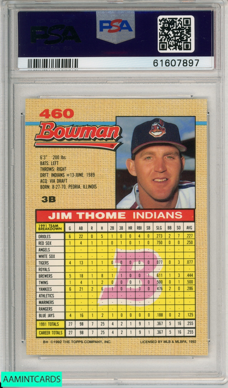 Jim Thome Signed 1991 Bowman #68 Cleveland Rookie Card PSA Mint 9