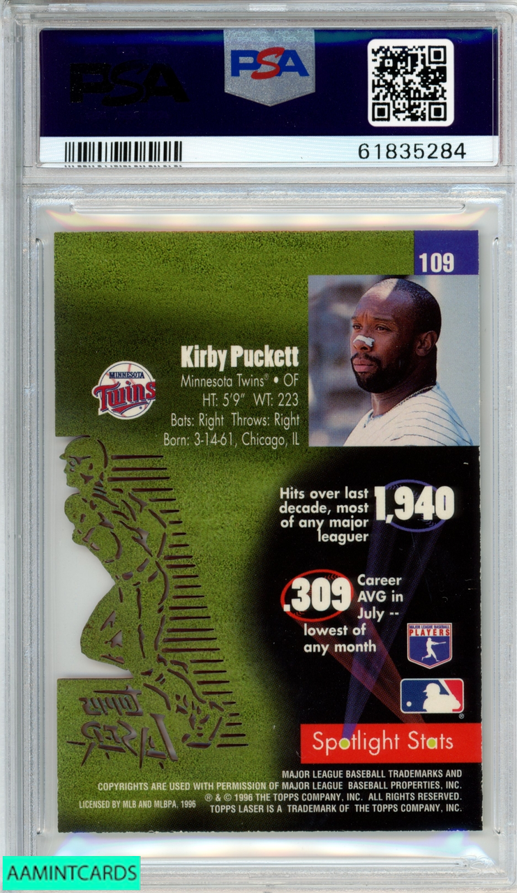 1996 TOPPS LASER KIRBY PUCKETT #109 MINNESOTA TWINS HOF PSA 8 NM 1996 TOPPS LASER KIRBY PUCKETT #109 MINNESOTA TWINS HOF PSA 8 NM