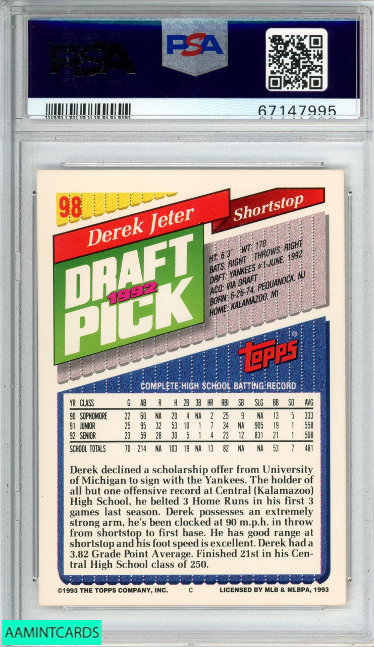 Derek Jeter 1993 Topps Gold Baseball Rookie Card RC #98 Graded PSA 8
