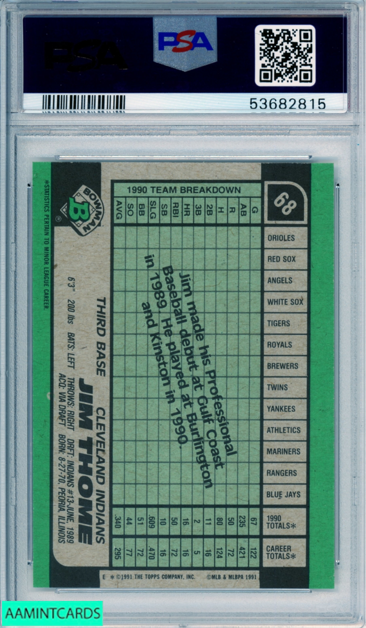 Jim Thome Rookie Card 1991 Bowman #68 PSA 9