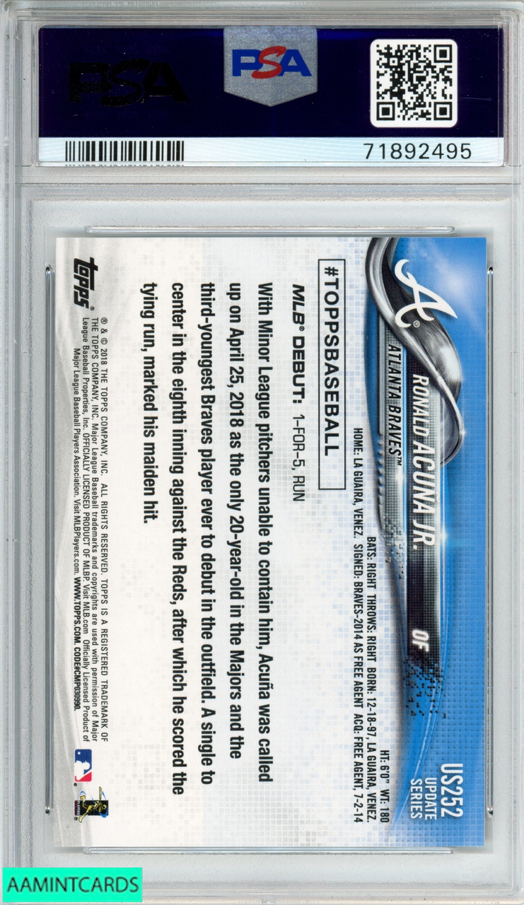 2018 TOPPS UPDATE RONALD ACUNA JR. #US252 ROOKIE RC BRAVES PSA 10
