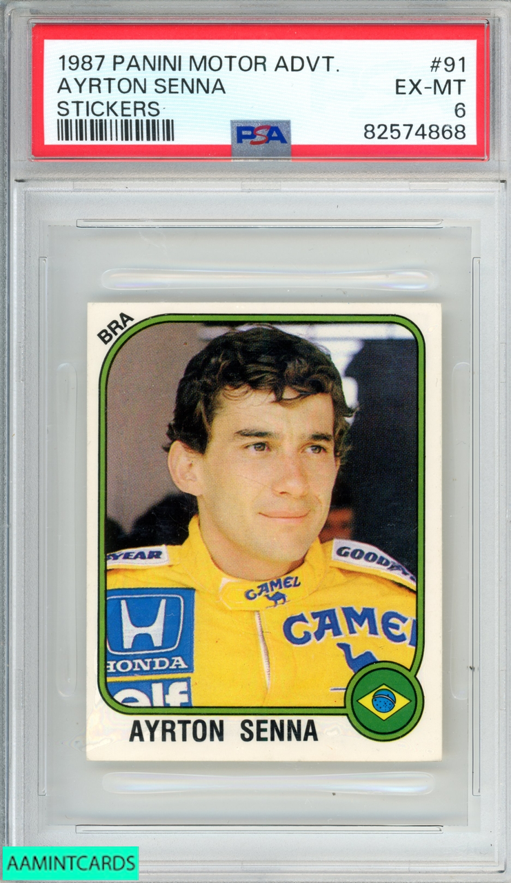 1987 PANINI MOTOR ADVENTURES STICKERS AYRTON SENNA #91 PSA 6 EX-MT