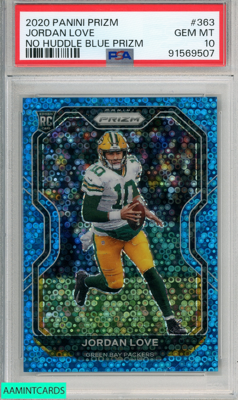 2020 PANINI PRIZM JORDAN LOVE #363 NO HUDDLE BLUE PRIZM PSA
