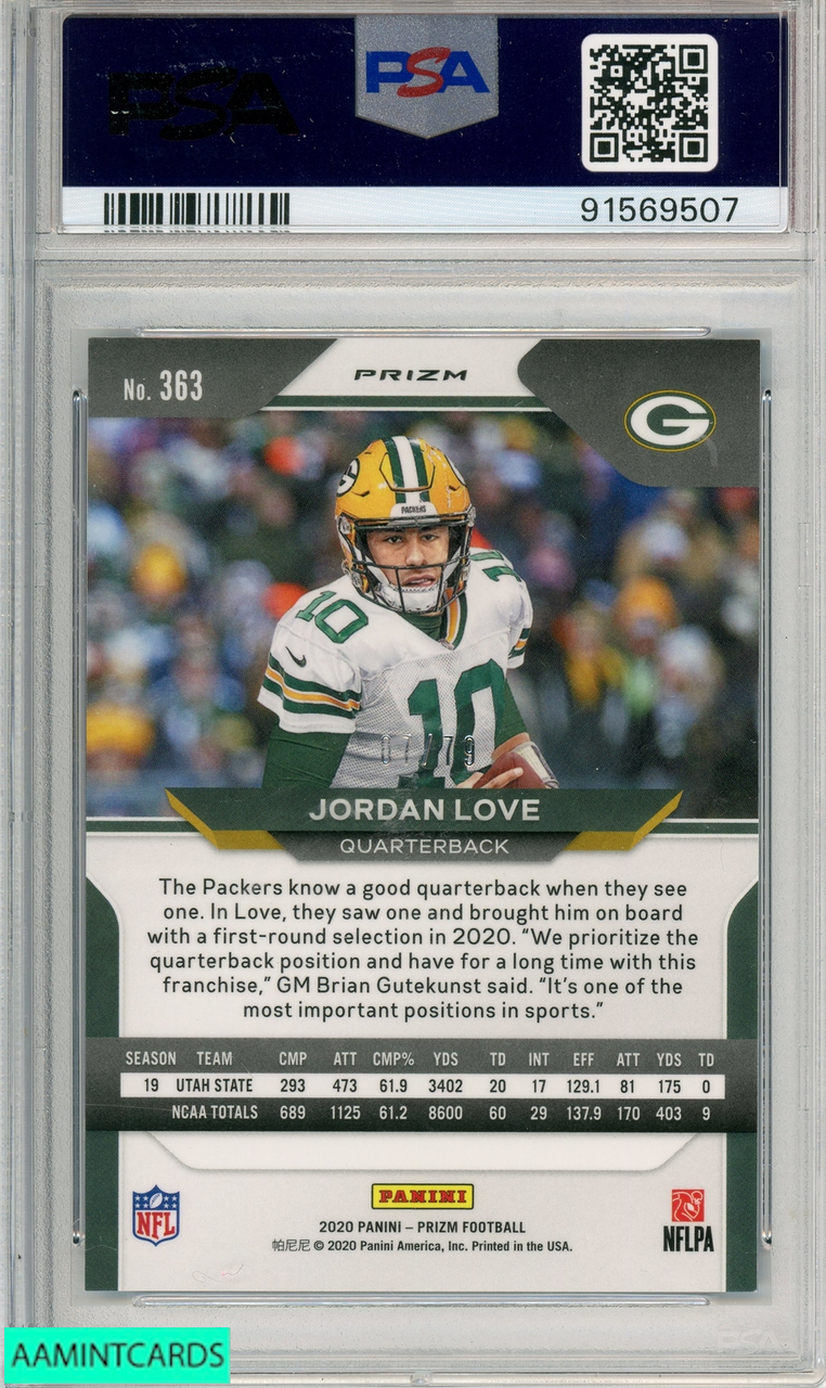 2020 PANINI PRIZM JORDAN LOVE #363 NO HUDDLE BLUE PRIZM PSA