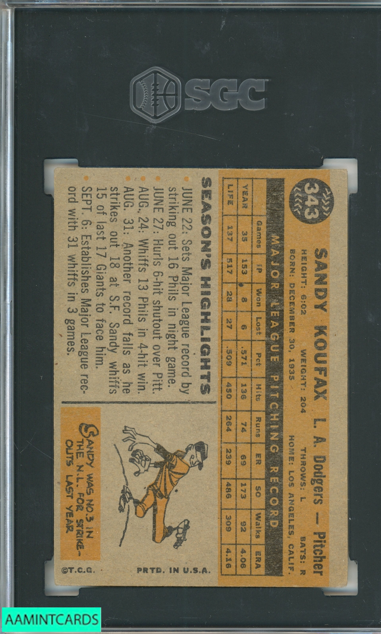 1960 TOPPS SANDY KOUFAX #343 LOS ANGELES DODGERS HOF SGC 4 VG-EX